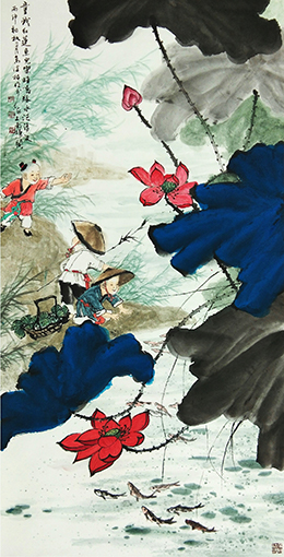 高健林作品《童戏红莲鱼儿乐》规格：138cmx68cm.jpg