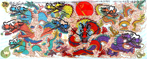 《龙腾盛世图》 长3.6米X1.48米 2015年2月22日创作 自提诗：九龙献瑞佑华夏，龙的传人两岸情，长江黄河中国站，中华民族好儿孙，汉唐盛世振洲洋，和谐中国四海平，四面八方来朝贺。.JPG