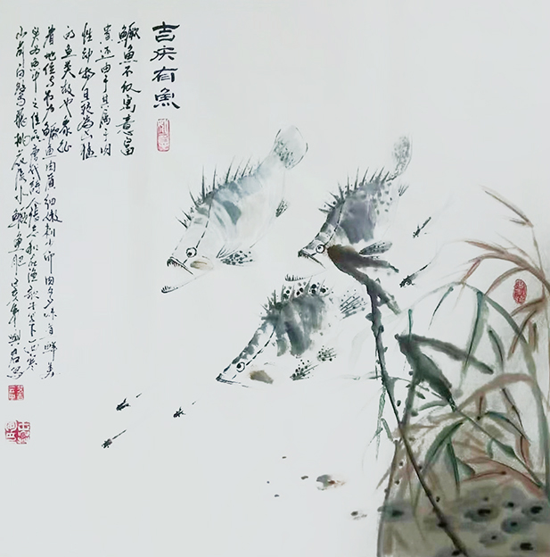 王兴君斗方国画作品《吉庆有鱼》70cmX70cm.jpg