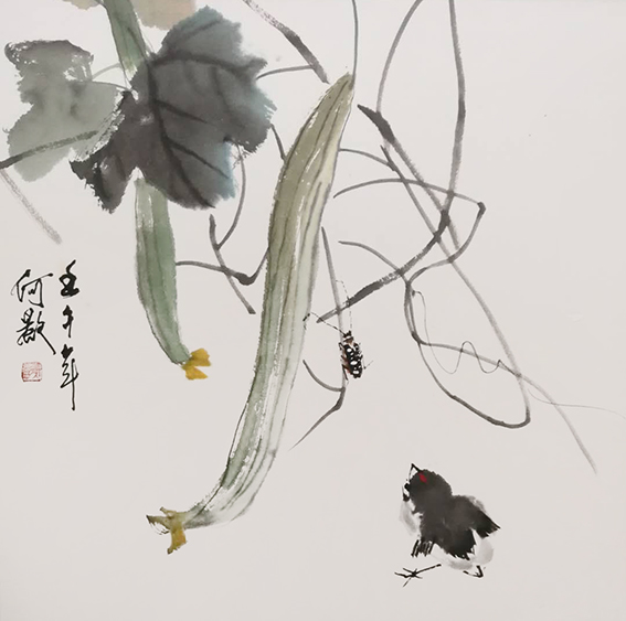 何影作品7《丝瓜小鸡》 33cm×33cm.jpg