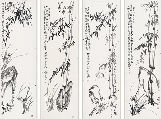苏凤智作品15《一点素心即是文、修竹无言好个秋、若人解得竹青梦，留住金蝉唱雪冬、铁索桥边喘青牛》规格：180×48cm×4.jpg
