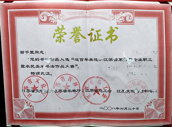 2008年作品入选“迎百年奥运”——江苏省第四届企业职工暨农民美术书法作品大赛入展荣誉证书.jpg