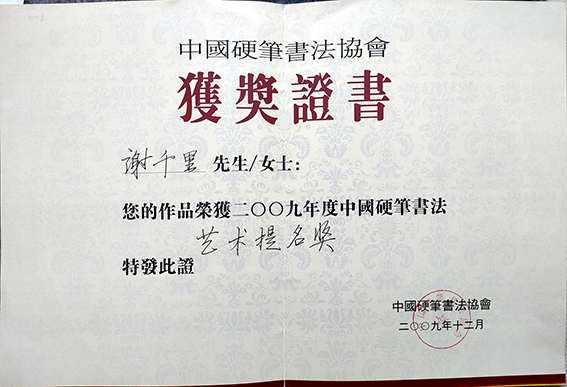 2009年荣获二00九年度中国硬笔书法艺术提名奖.jpg