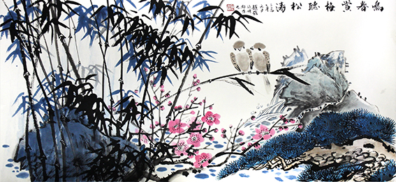 赵磊作品 《鸣春赏梅听松涛》规格：137cmx68cm.jpg