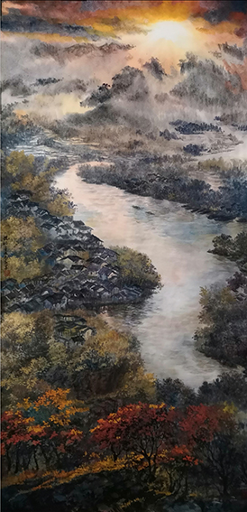 盛絜《霞照江南》  规格：68×136cm.jpg