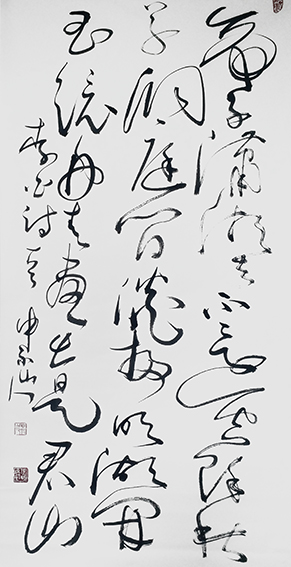 张顺培作品 李白诗《陪族叔刑部侍郎晔及中书贾舍人至游洞庭》释文：帝子潇湘去不还，空余秋草洞庭间。淡扫明湖开玉镜，丹青画出是君山。规格：136X68cm.jpg