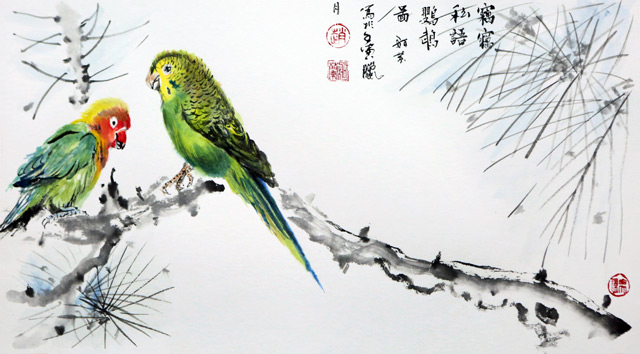 赵珂作品《窃窃私语鹦鹉图》规格：50cmx30cm.jpg