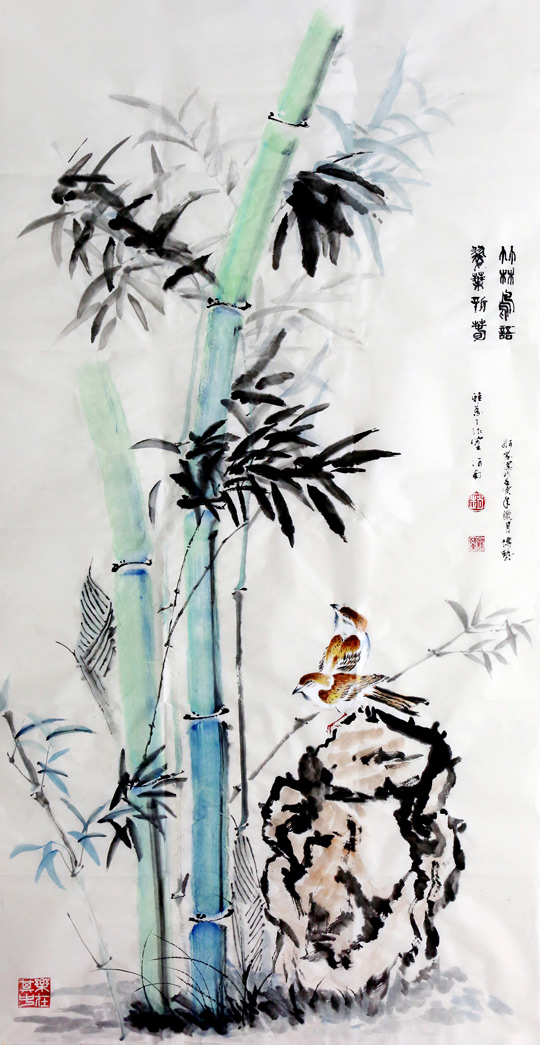 赵珂作品《竹林鸟语，翠叶新春》规格：138cmx69cm.jpg