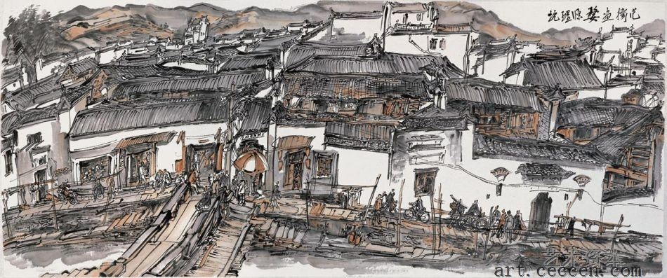 婺源理坑_纸本设色_48X115