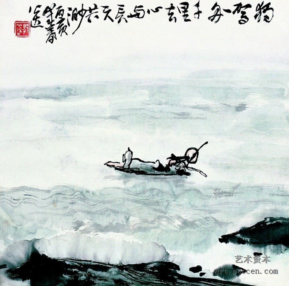 独驾小舟千里去，心与长天共渺