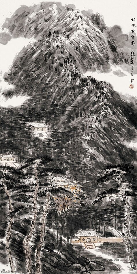 秋林古寺图
