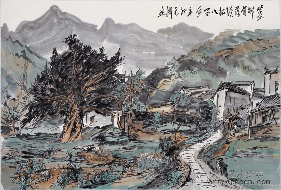 篁村有罗汉松八百年_纸本设色