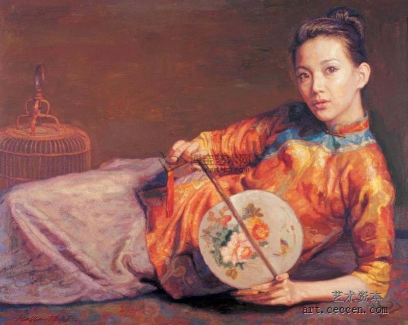 陈逸飞作品赏析：《斜靠的持扇美人和鸟笼》