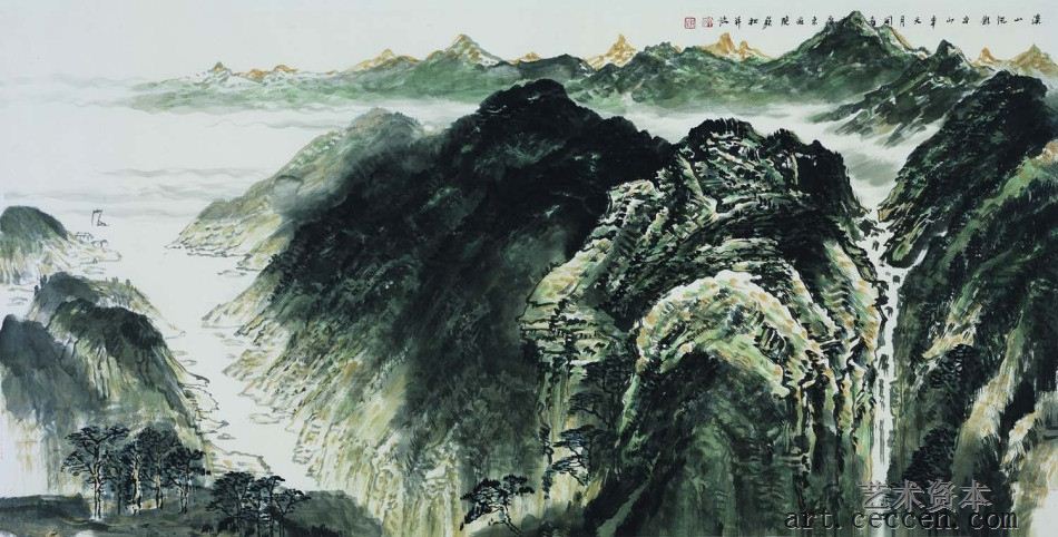 溪山帆影，136x68cm，中国画，2011年，许钦松
