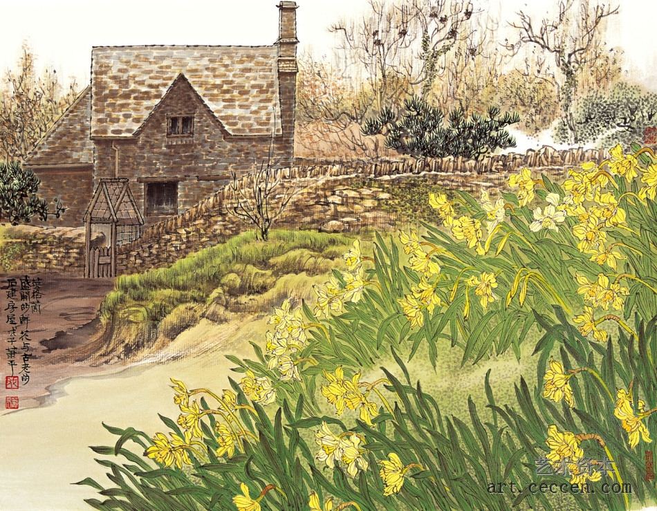 英格兰盛开的鲜花与古老的石建房屋2008