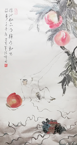 张焯作品《白猿献寿》规格：100cmX55cm