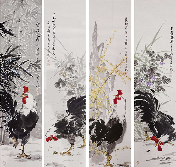《雄鸡四条屏》