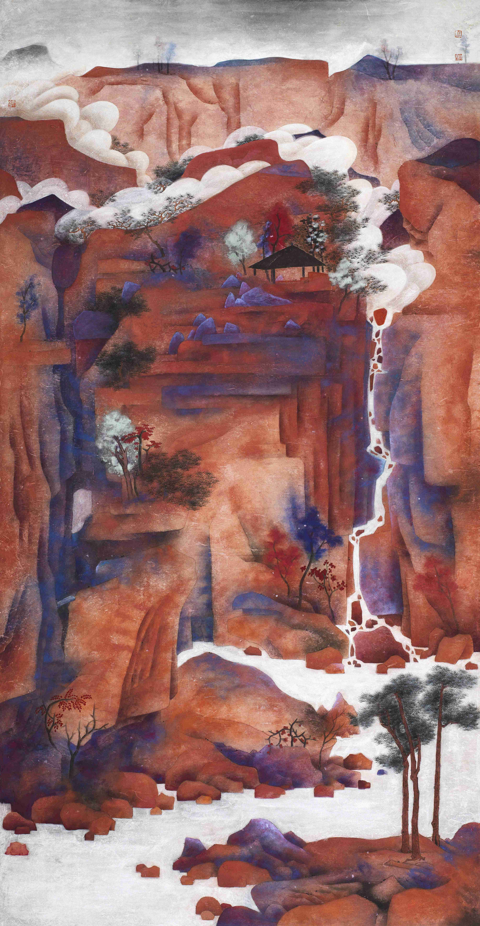 马小虎《丹崖玉瀑》200x105cm、纸本重彩、创作年代2013