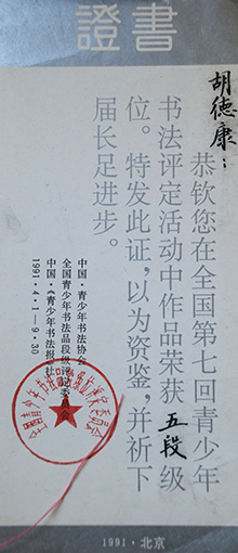 1991年全国第七回青少年书法评定活动五段（最高六段）.JPG