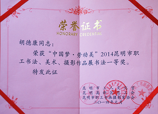 2014年昆明市职工书画展一等奖.JPG