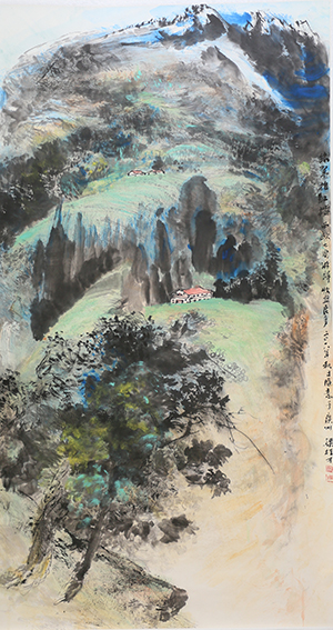 梁桂才作品《绿翠抱红楼》规格：196cmx98cm.jpg