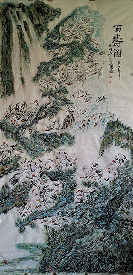 王翼迎作品3 花鸟画《百寿图》规格：119cmx238cm.jpg
