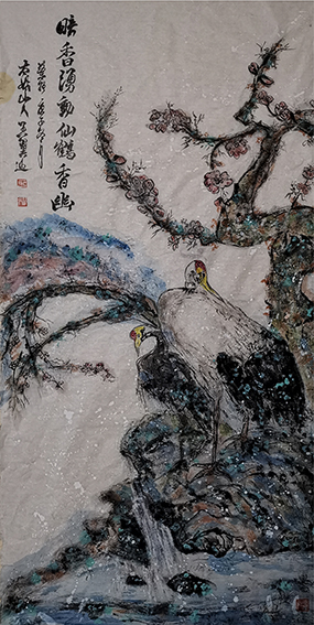 王翼迎作品5 花鸟画《暗香涌动，仙鹤香幽》规格：69cmx138cm.jpg