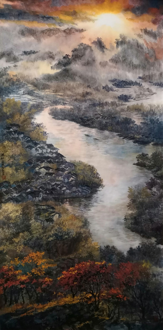 盛絜作品《霞照江南》规格：136cm×68cm.jpg
