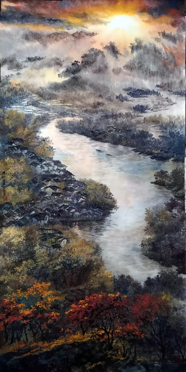 盛絜《霞照江南》  规格：136×68cm.jpg