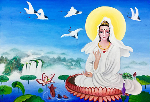 油画《远山流水白衣观音像》168X118cm