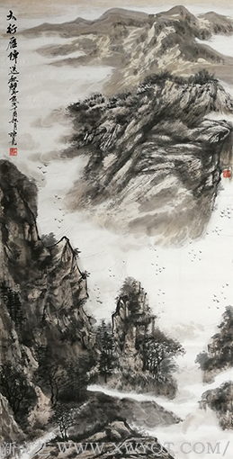 陈尧作品《太行雁阵送秋声》规格：138x69cm