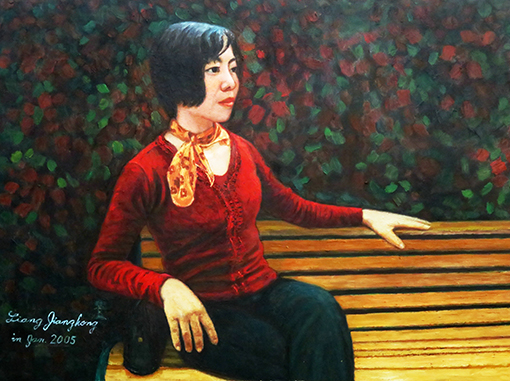 梁建中作品《杜鹃花前的少妇》52.2cmx82.6cm