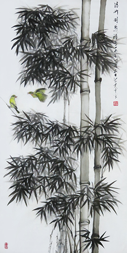 梁建中作品《青竹闻鸟语》138cmx68cm