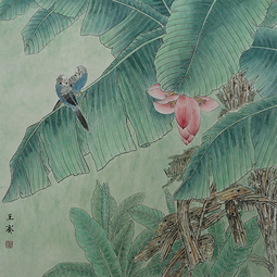 王赛作品《蕉林戏语话春秋》规格：64cmX64cm