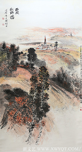 梁桂才作品《西欧秋野图》规格：196cmX98cm