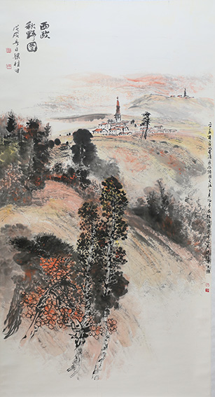 梁桂才作品《西欧秋野图》规格：196cmX98cm