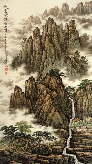 左光生作品《彩云环抱黄山峰》规格：180cmx97cm