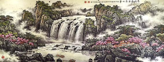 左光生作品《高峡飞瀑荡心声》规格：280㎝x108㎝