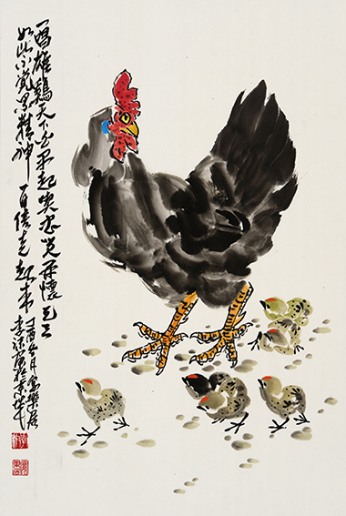 李沫作品《幸福生活一唱雄鸡天下白，早起吃虫笑开怀，天天如此不觉累，精神百倍走起来》