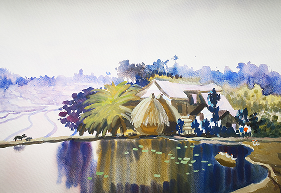 徐新华作品川西垻子，水粉，60X40cm