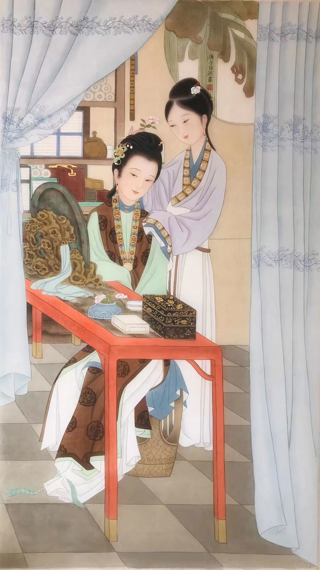 对镜梳妆图70×126